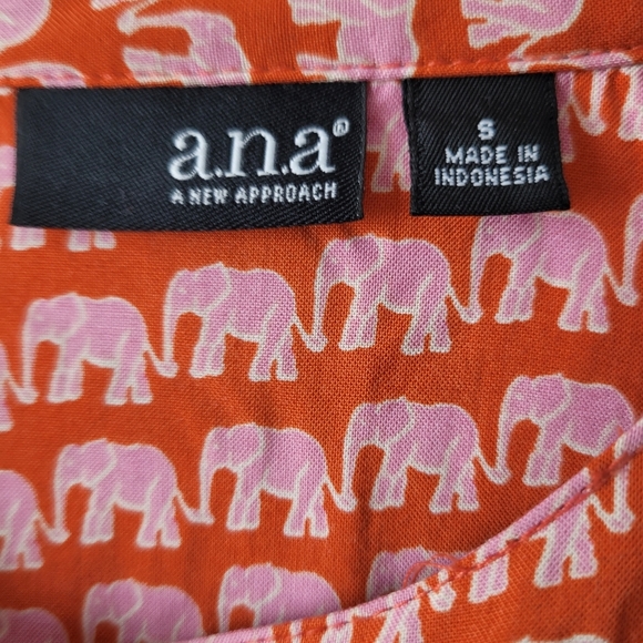 A.N.A. A New Approach Long Sleeve Blouse Orange + Pink Elephants Pleated Front - Picture 12 of 15